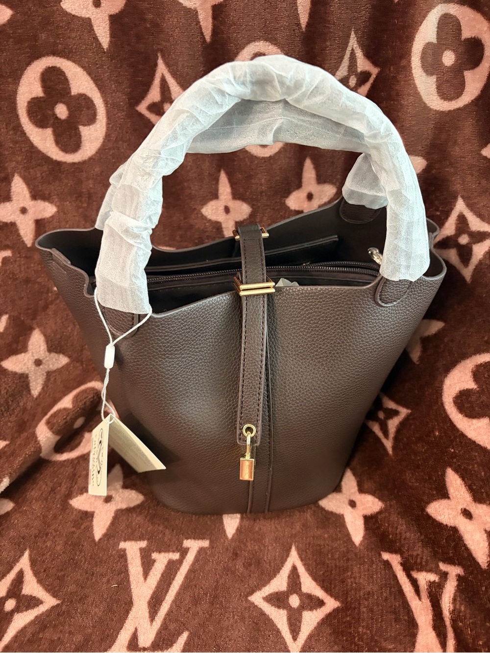 Valentino Orlandi Dark Brown Pebbled Leather Bucket Tote with Gold Hardware